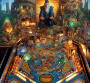 A detailed, enchanted medieval-themed pinball table from the 1998 game 