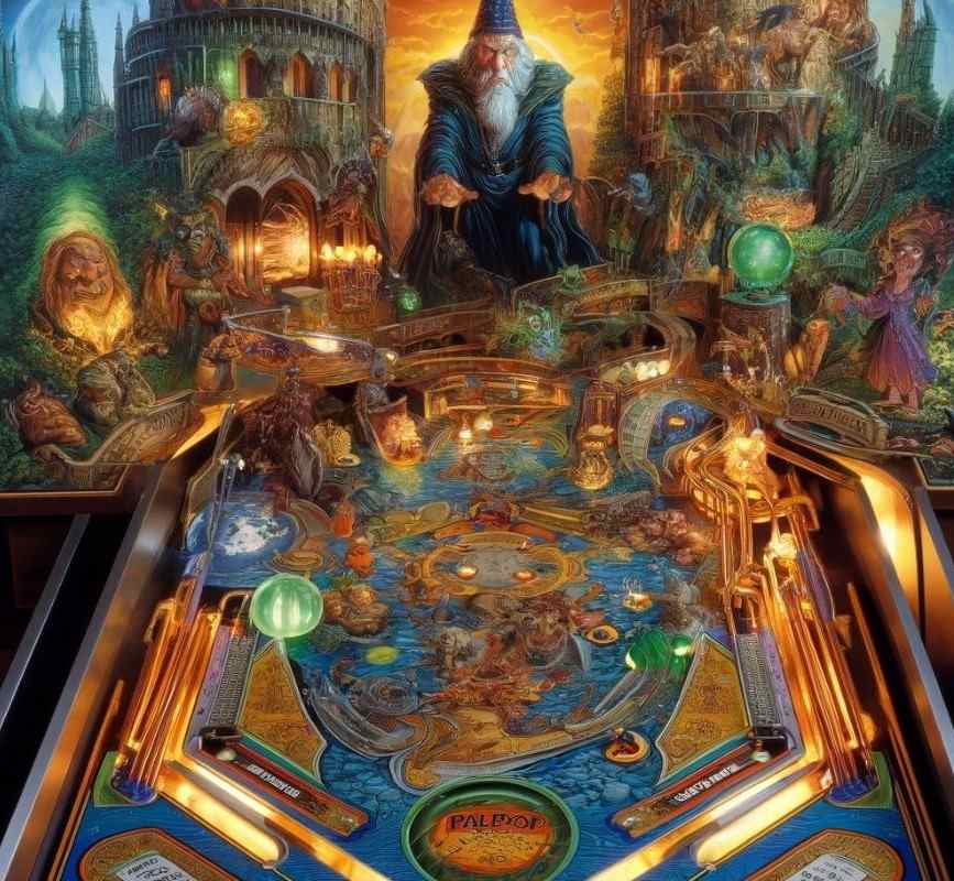 A detailed, enchanted medieval-themed pinball table from the 1998 game "Simon the Sorcerer's Pinball," featuring Simon the Sorcerer, a castle backdrop, mystical creatures, magical items, and intricate ramps and bumpers.
