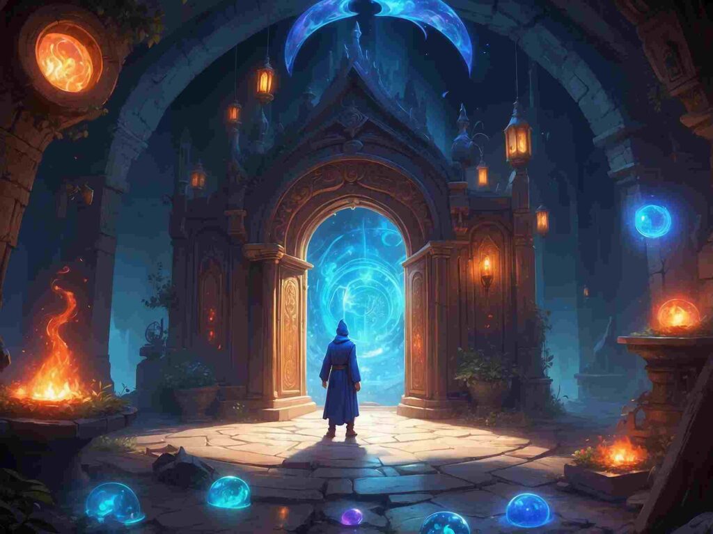 Simon the Sorcerer 6: Between Worlds: Two swirling portals, one leading to a fantasy world with castles, the other to a modern apartment with surprised people.
