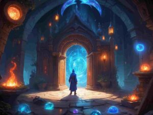 Simon the Sorcerer 6: Between Worlds: Two swirling portals, one leading to a fantasy world with castles, the other to a modern apartment with surprised people.