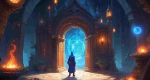 Simon the Sorcerer 6: Between Worlds: Two swirling portals, one leading to a fantasy world with castles, the other to a modern apartment with surprised people.
