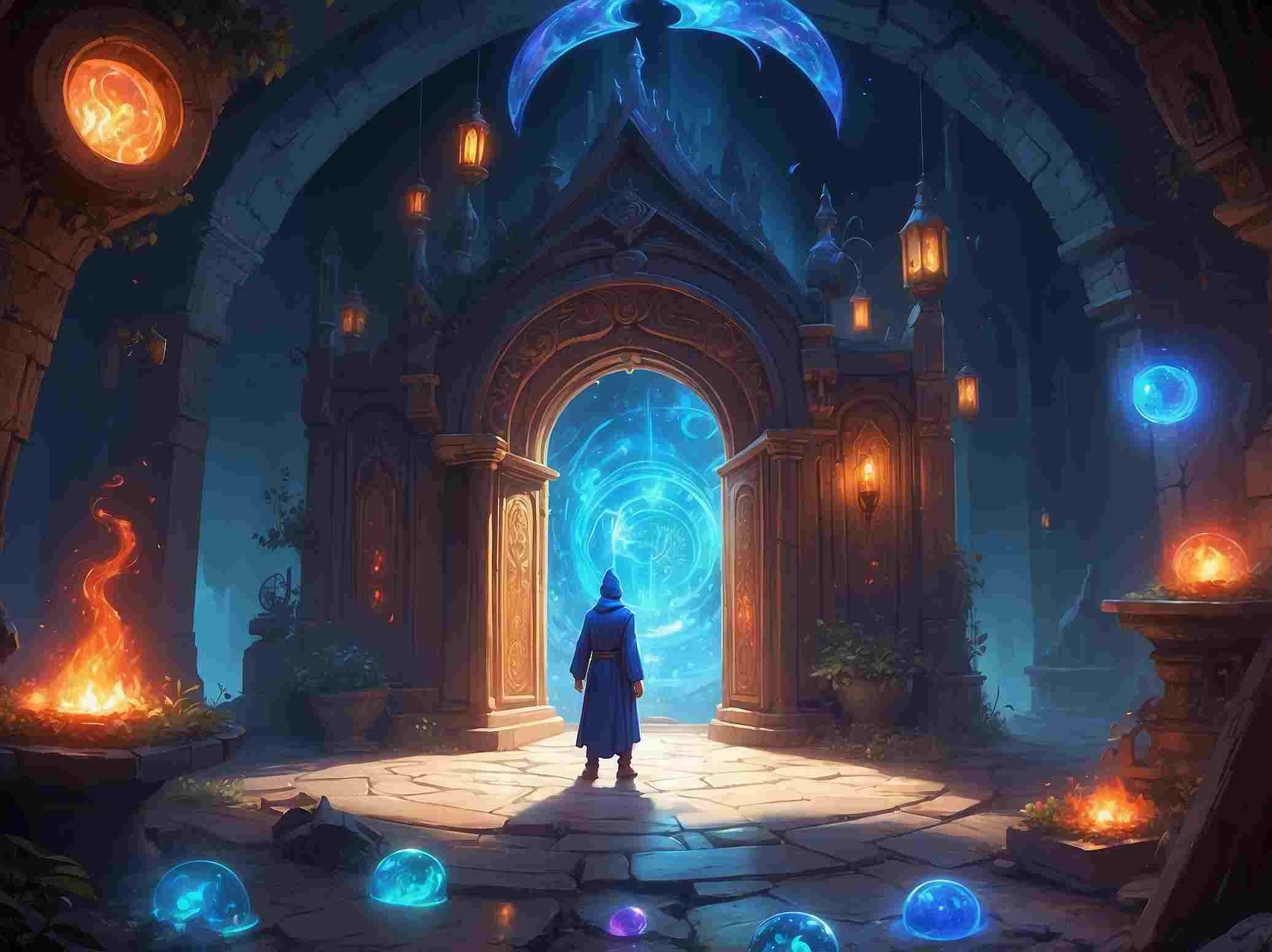Simon the Sorcerer 6: Between Worlds: Two swirling portals, one leading to a fantasy world with castles, the other to a modern apartment with surprised people.