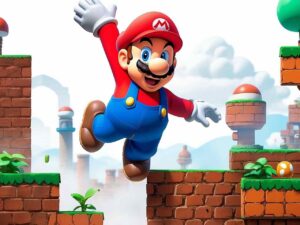 Mario in Super Mario World played in a browser with HTML5, featuring horizontal scrolling gameplay.