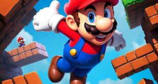 Mario jumping between platforms with bricks, question mark boxes