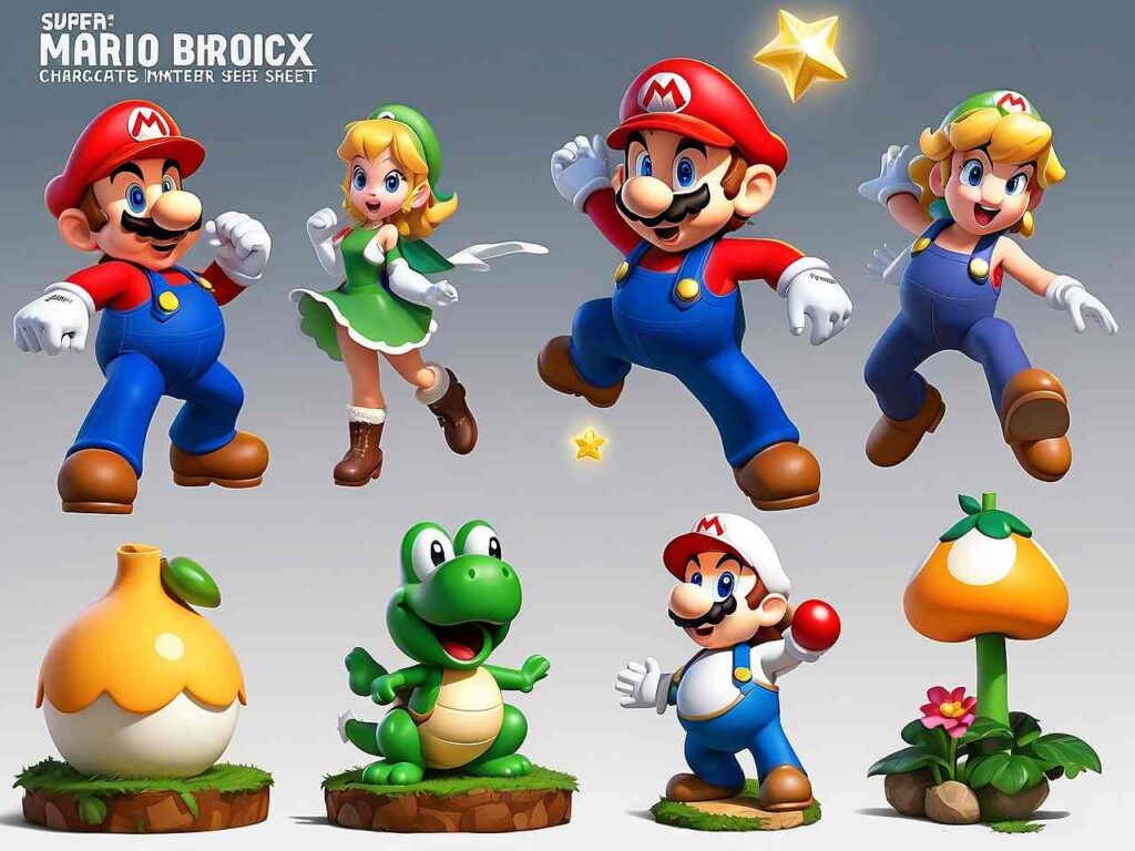 Characters Mario, Luigi, Peach, Toad, and Link in Super Mario Bros