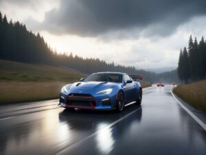 Cars racing on rain-soaked roads under dramatic skies in Forza Horizon 2.