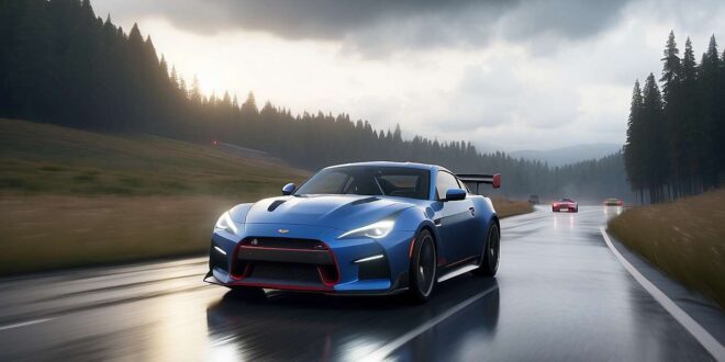 Cars racing on rain-soaked roads under dramatic skies in Forza Horizon 2.