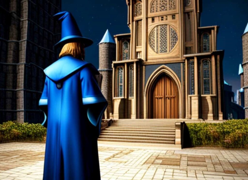 Wizard's Tower at dusk in Simon the Sorcerer 3D.