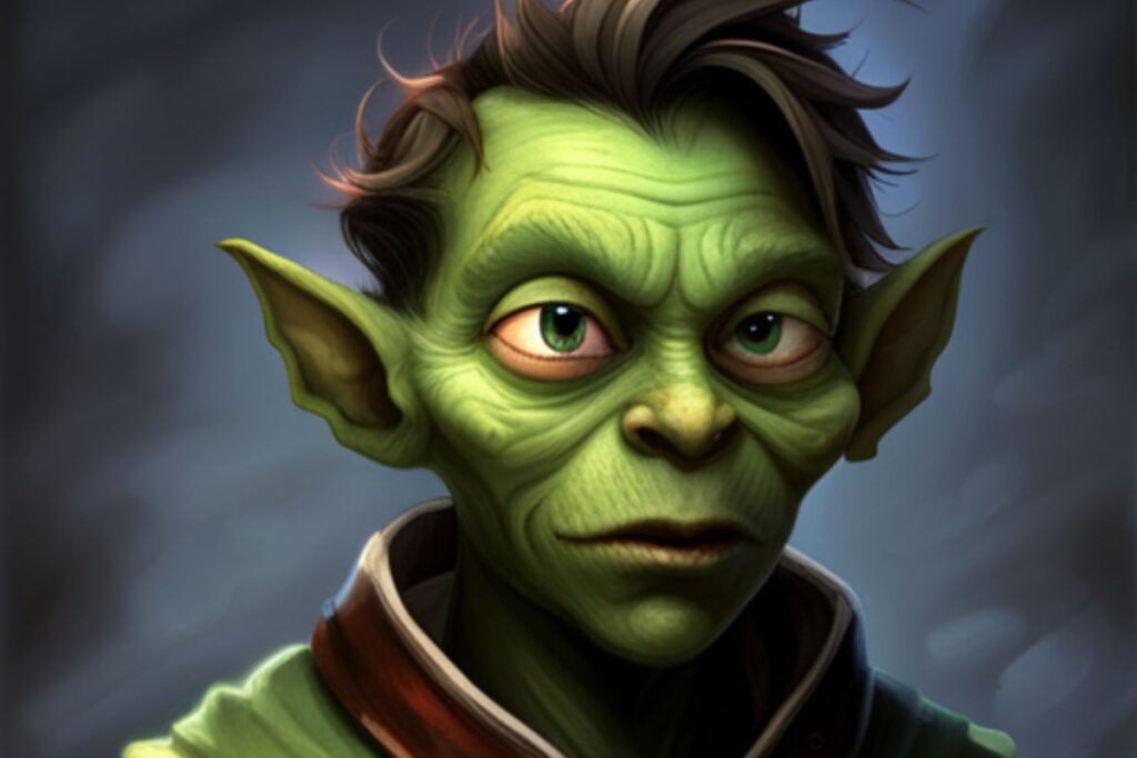 Realistic portrait of Runt, the small green-skinned goblin from "Simon the Sorcerer II," carrying a sack.