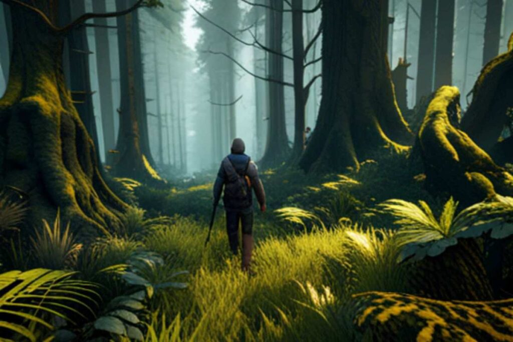 Screenshot of the immersive open world environment in The Forest Mobile, featuring dense forest, varied terrain, and dynamic weather system.