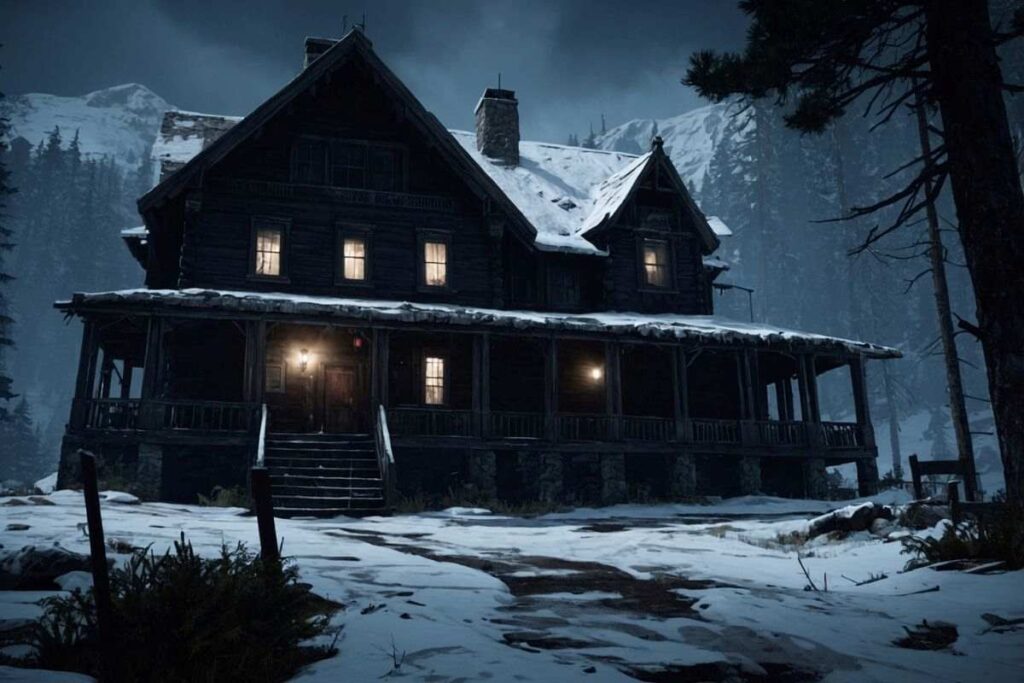 Blackwood Mountain Lodge from 'Until Dawn' in a snowy, eerie landscape