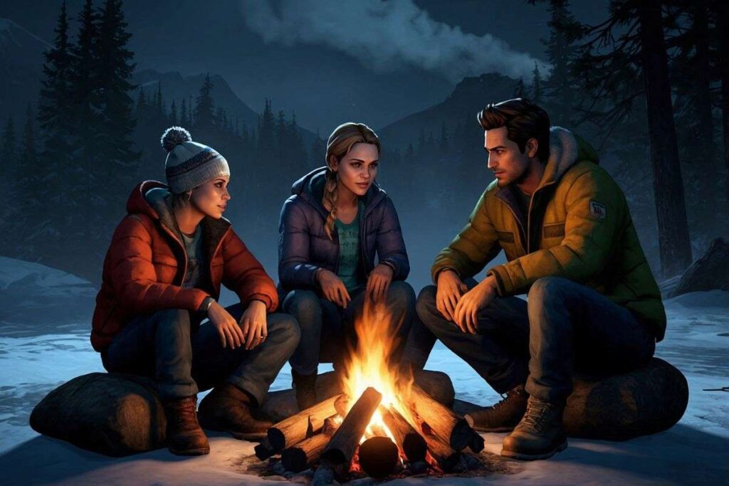 A group of three friends from 'Until Dawn' gathered around a campfire outside the lodge.