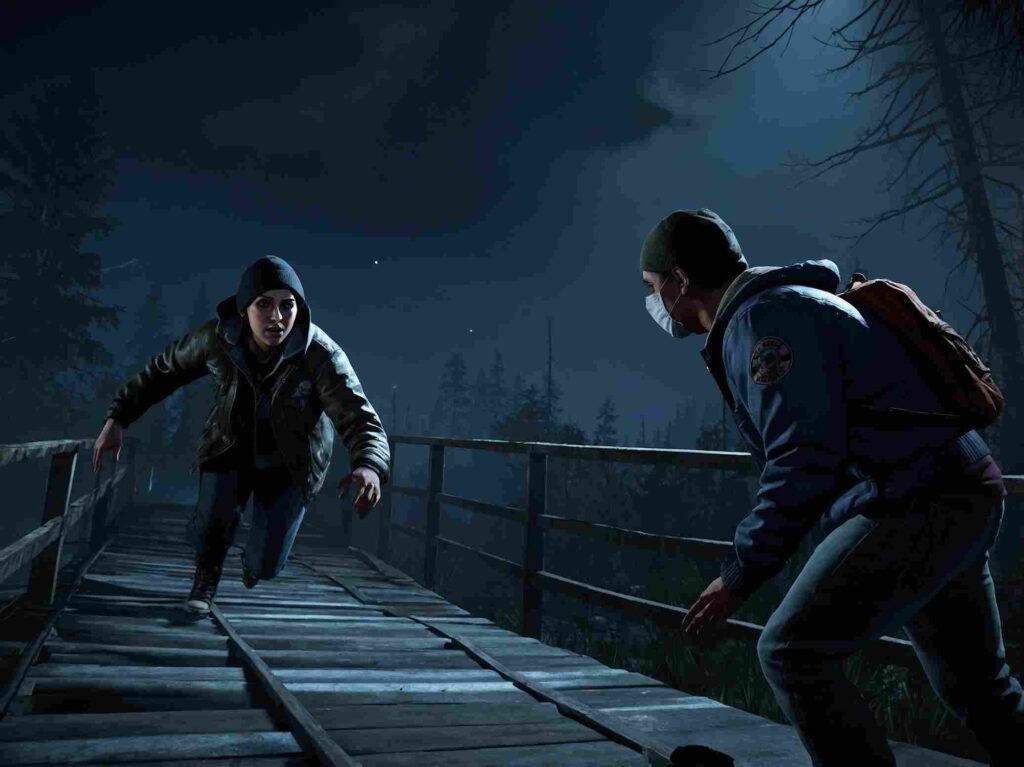 Character in 'Until Dawn' escaping a masked killer during a quick-time event.