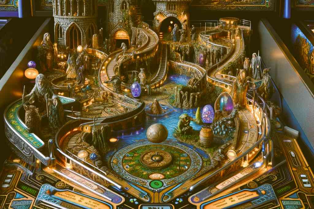 A detailed, enchanted medieval-themed pinball table from the 1998 game "Simon the Sorcerer's Pinball,