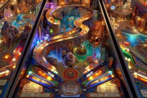 A detailed, enchanted medieval-themed pinball table from the 1998 game 