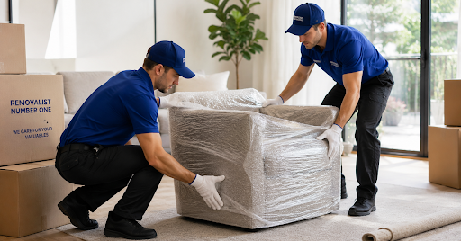 White glove removalists using bubble wrap and furniture blankets to protect a delicate antique wooden table and framed artwork during a premium home move.