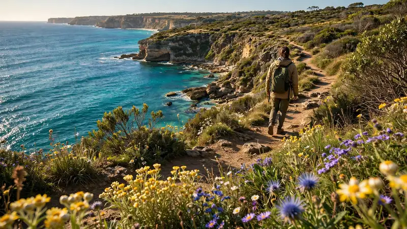 Best time to visit Australia: coastal walk in spring with wildflowers above turquoise water