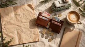 Australia trip cost: travel budget flat lay with map, wallet, coins and campervan model