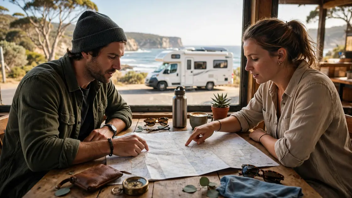Australia itinerary planner: travellers planning a road trip with a map and campervan
